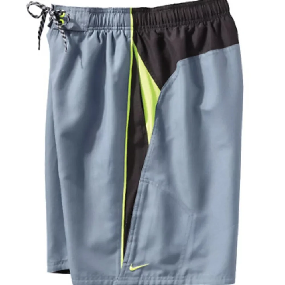 Nike Swim Shorts Lined Gray Trunks Neon Green Swoosh Logo Men’s Size XL